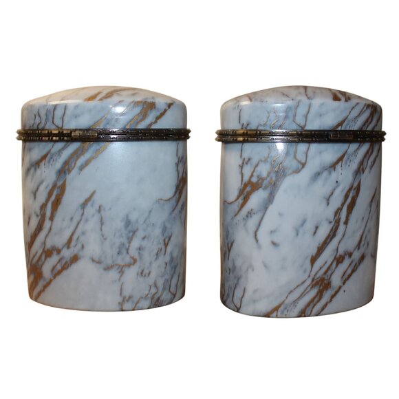 2 Three Hands Marble-Look Ceramic Jars w/Metal Trim Decorative Storage Container - Picture 3 of 7
